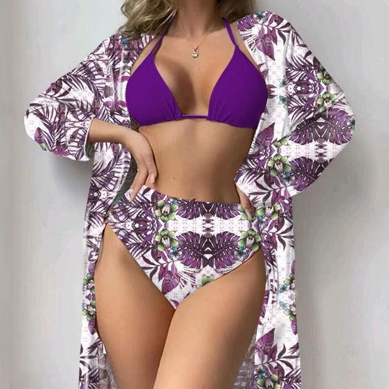 European and American High-Waisted Bikini Set with Printed Long-Sleeved Cover-Up