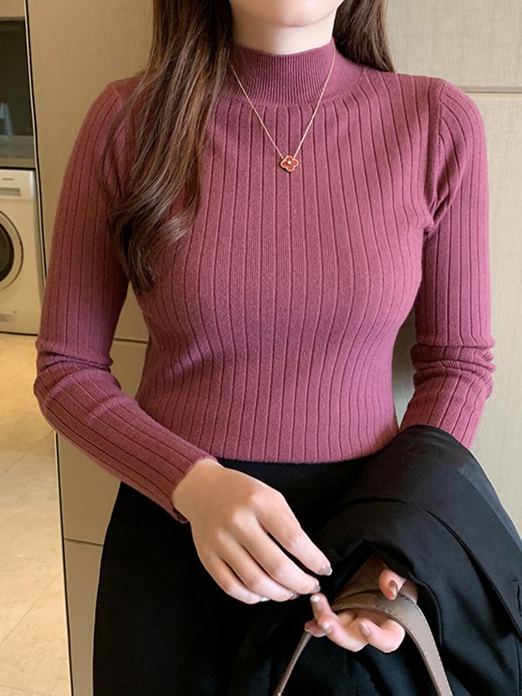 

Новинка 2024 года, осенне-зимний вязаный джемпер в рубчик, женские водолазки, пуловеры, свитера с длинными рукавами, корейский облегающий женский свитер One Size розы красного