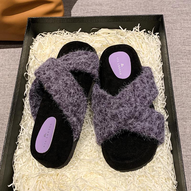 Foreign trade women's slippers autumn 2024 Korean version of fashion one-word cotton mop retro thick bottom heightening outer wear Mao Mao mop