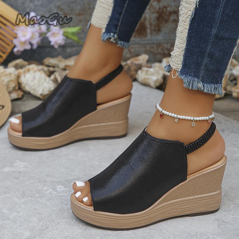 Fashion Gold Platform Wedge Sandals for Women Open Toe Thick Sole Summer Beach Shoes Woman Fashion Elastic Ankle Strap High Heel Sandals