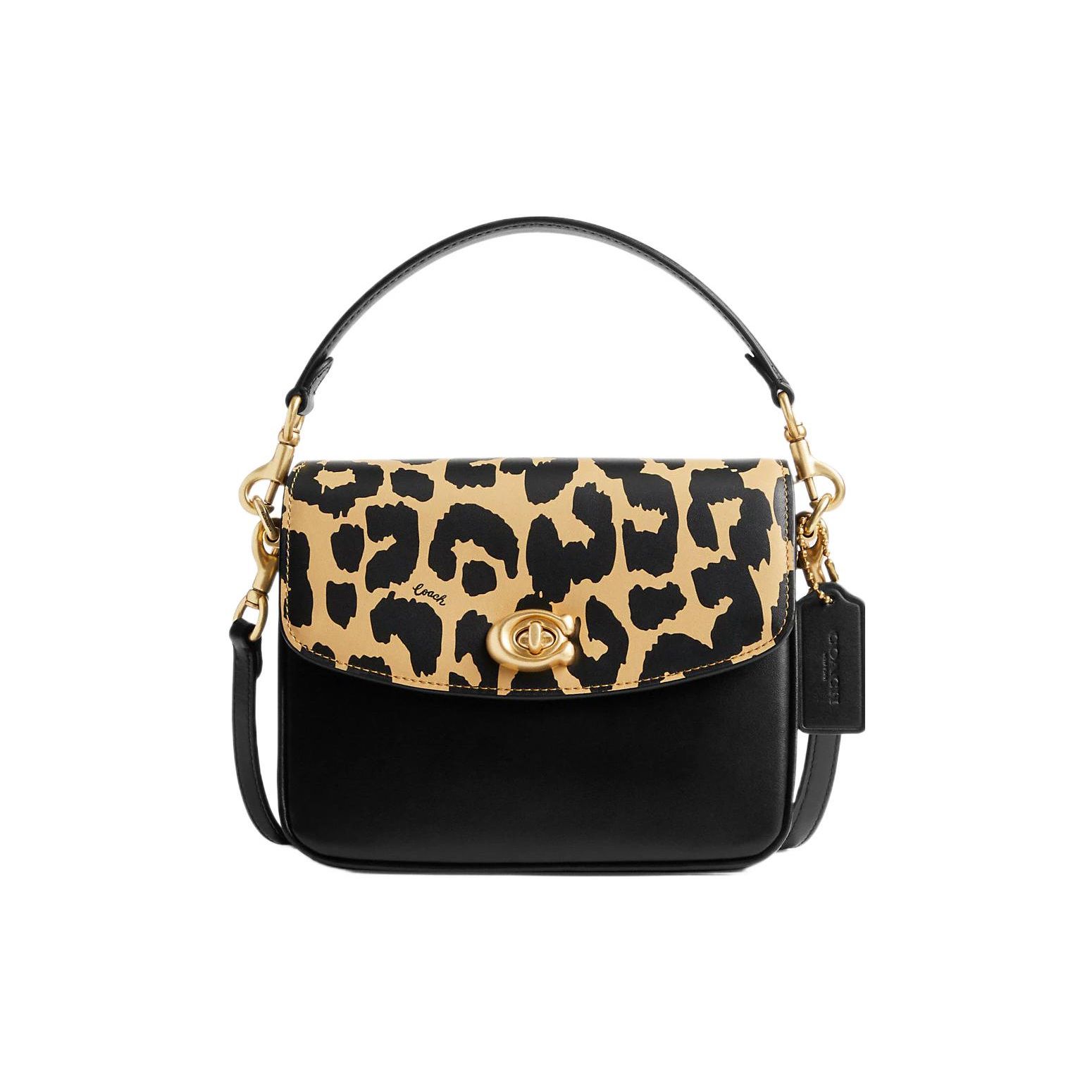 

Coach Cassie 19 Gold Logo Leopard Print Flap Lock Closure Small Calfskin Square Bag Women handbags Yellow Black CM571-B4NSM Basic Set (Bag+Dust Bag)