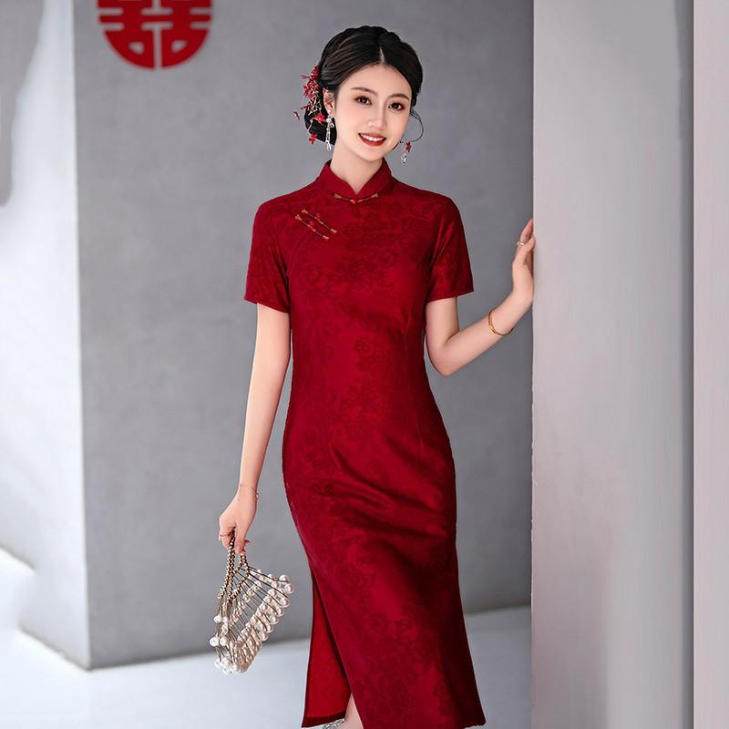 Elegant Vintage Chinese Qipao Dress Women Long Fit-and-Flare With Stand Collar Three-Quarter Sleeve 2025
