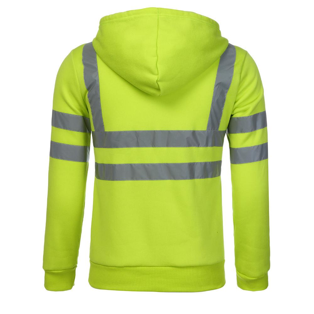Fleece-lined Outdoor Sanitation Workwear Men's High Visibility Reflective Strip Zipper Hooded Sweatshirts