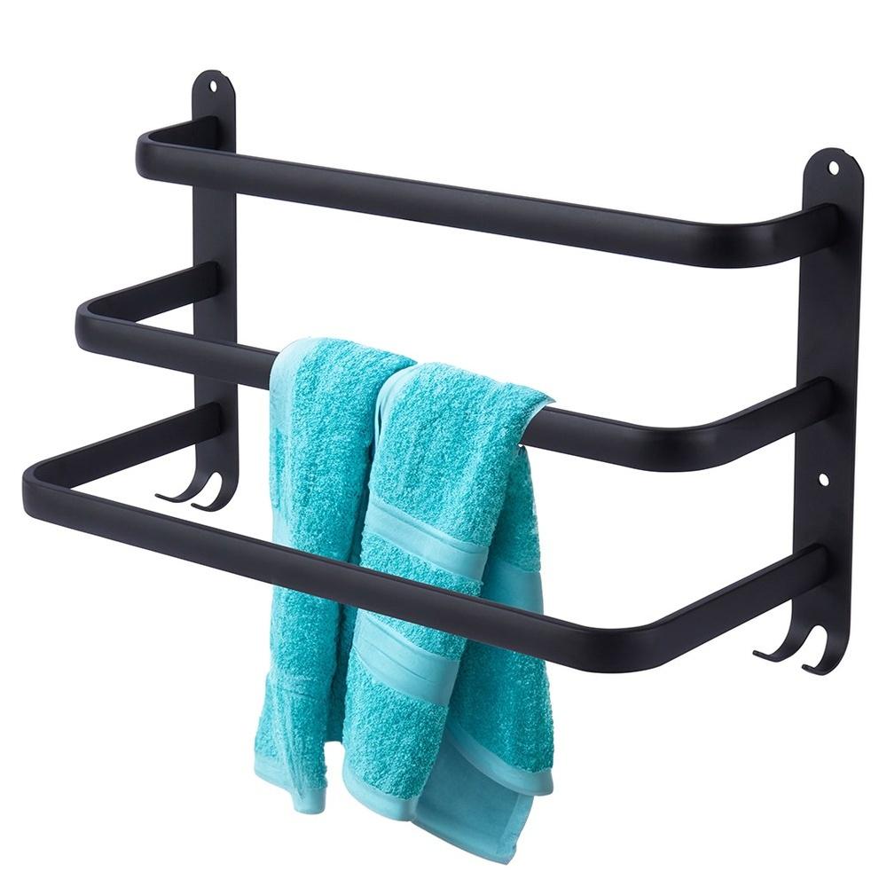 Bathroom Wall Towel Rack, Metal, Black + Hooks, 40 Cm