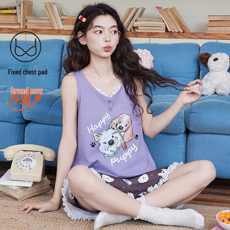2026 Women's Summer Cotton Pajama Set with Built-in Bra, Cute Cartoon Tank Top & Shorts for Indoors and Outdoors
