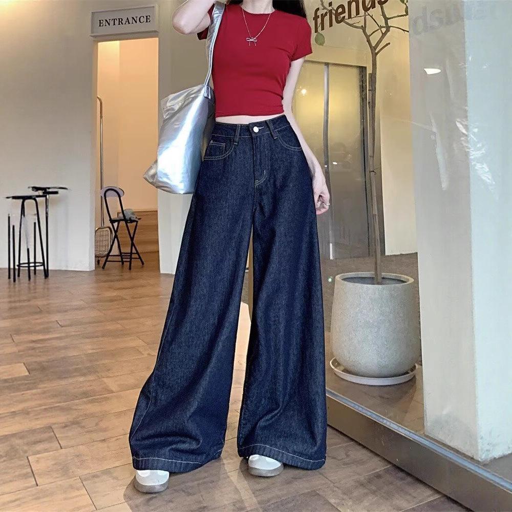 Women's High-Waisted Retro Wide-Leg Jeans in Deep Blue