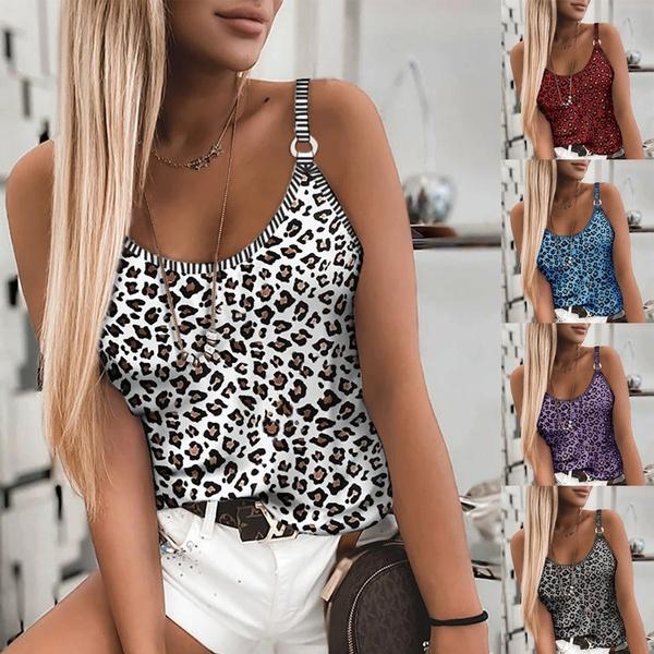 Womens Shirt Cami Blouse Tee Summer Loose Sleeveless Leopard Vest Tops Plus Size
