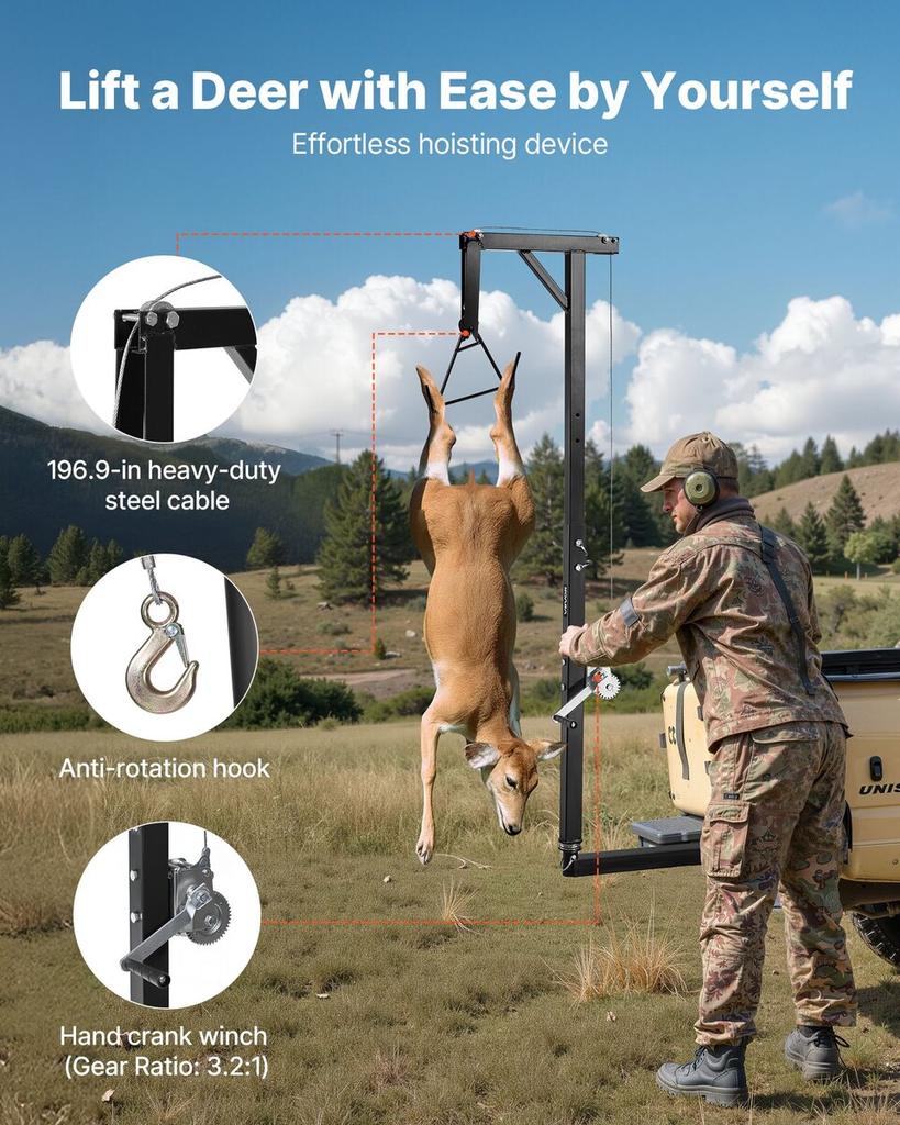 Treuil de Chasse pour Attelage de Camion, Capacité de Charge de 300 lbs, Treuil de Chasse pour Cerf avec Récepteur de 2 Pouces, Tige Pivotante à 360 Degrés et Hauteur Réglable, Inclut un Support pour Carcasse