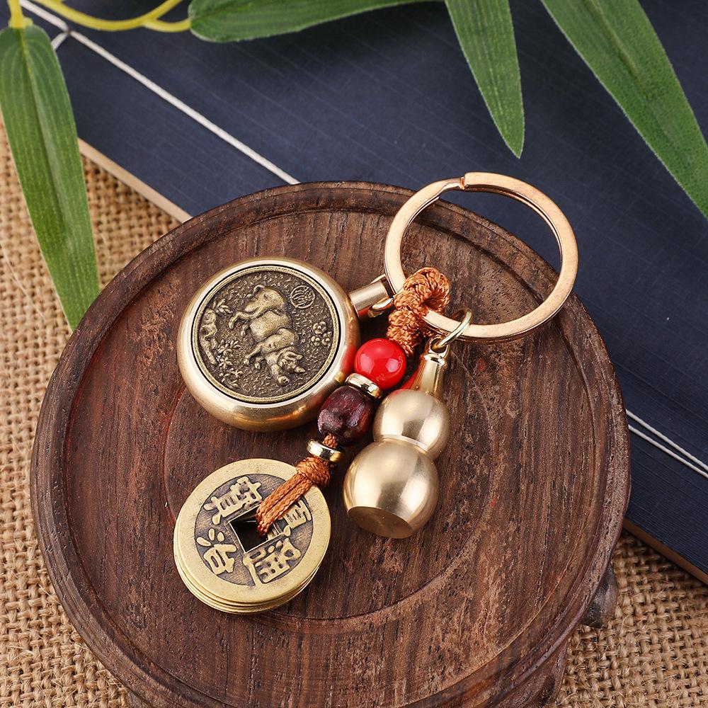 Brass Zodiac Signs Brown Rope Rotating Ruyi Pendant with Hollow Vermilion Gourd - Car Charm Keychain. Without Sand