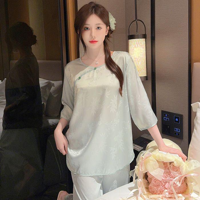 

Женский весенне-осенний пижамный комплект из ледяного шелка в китайском стиле M