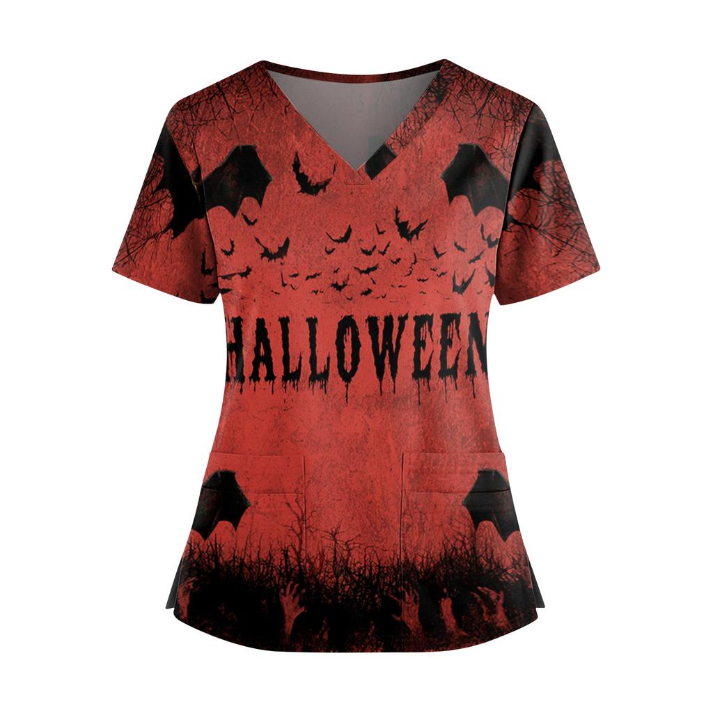 Women's Halloween Print V Neck Short Sleeve Nurse Top with Dual Pockets and Side Slits Medical Uniform Shirt for Caregivers