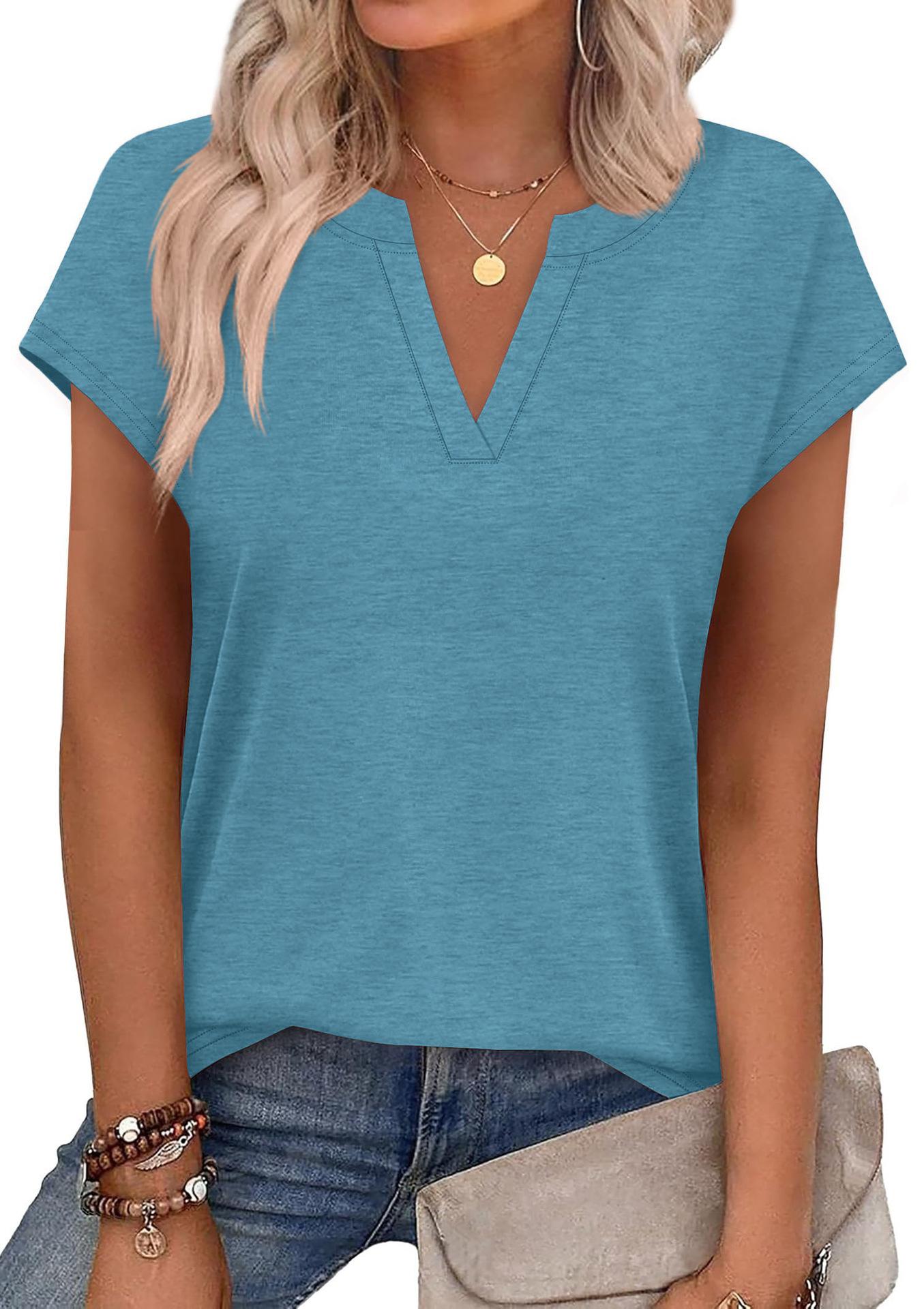 

European Style Spring and Summer Solid Color V-Neck Casual Block Short Sleeve T-Shirt Women Clothing XL зелёный