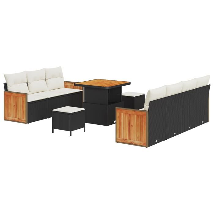 Ensemble de sofa de jardin 10 pièces vidaXL avec coussins en poly rotin noir et acacia, Ensemble de repas de jardin 3 pièces 3365215