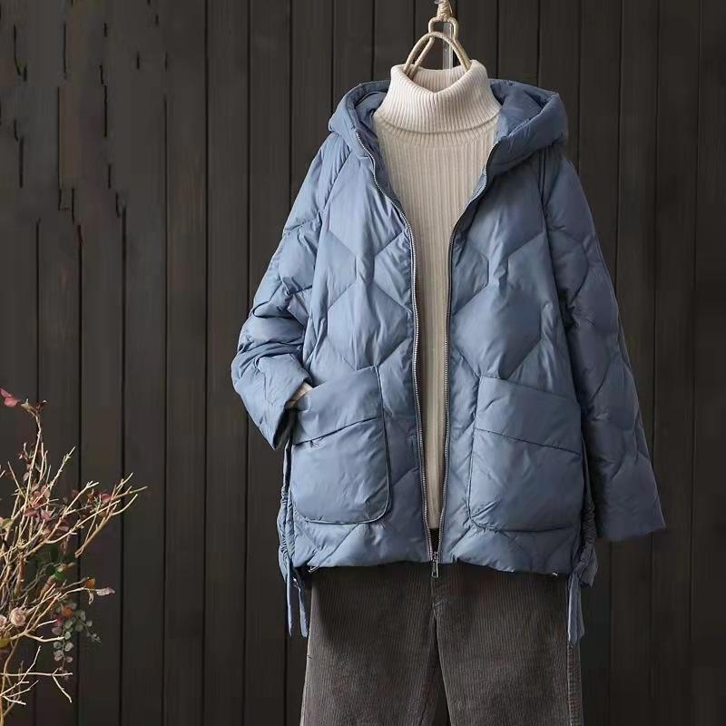 Vinter Dam Vit Ankdunkappa Casual Lös Lätt Dun Ytterkläder Huva Dragkedja Puffig Parkasjacka