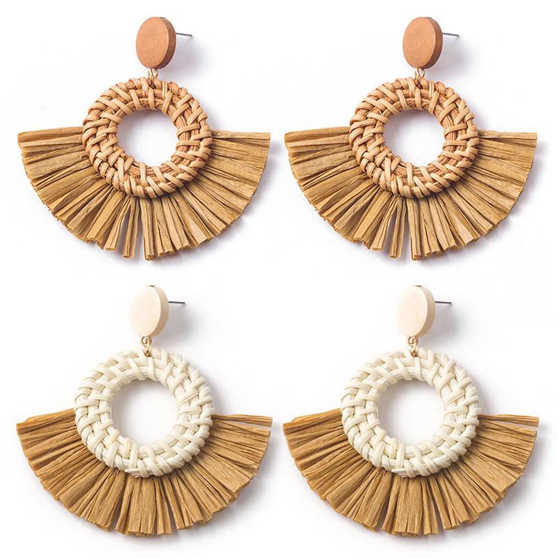 Hand-Woven Geometric Rattan Raffia Earrings, Retro Resort Fan Stud Earrings, Earrings For Women