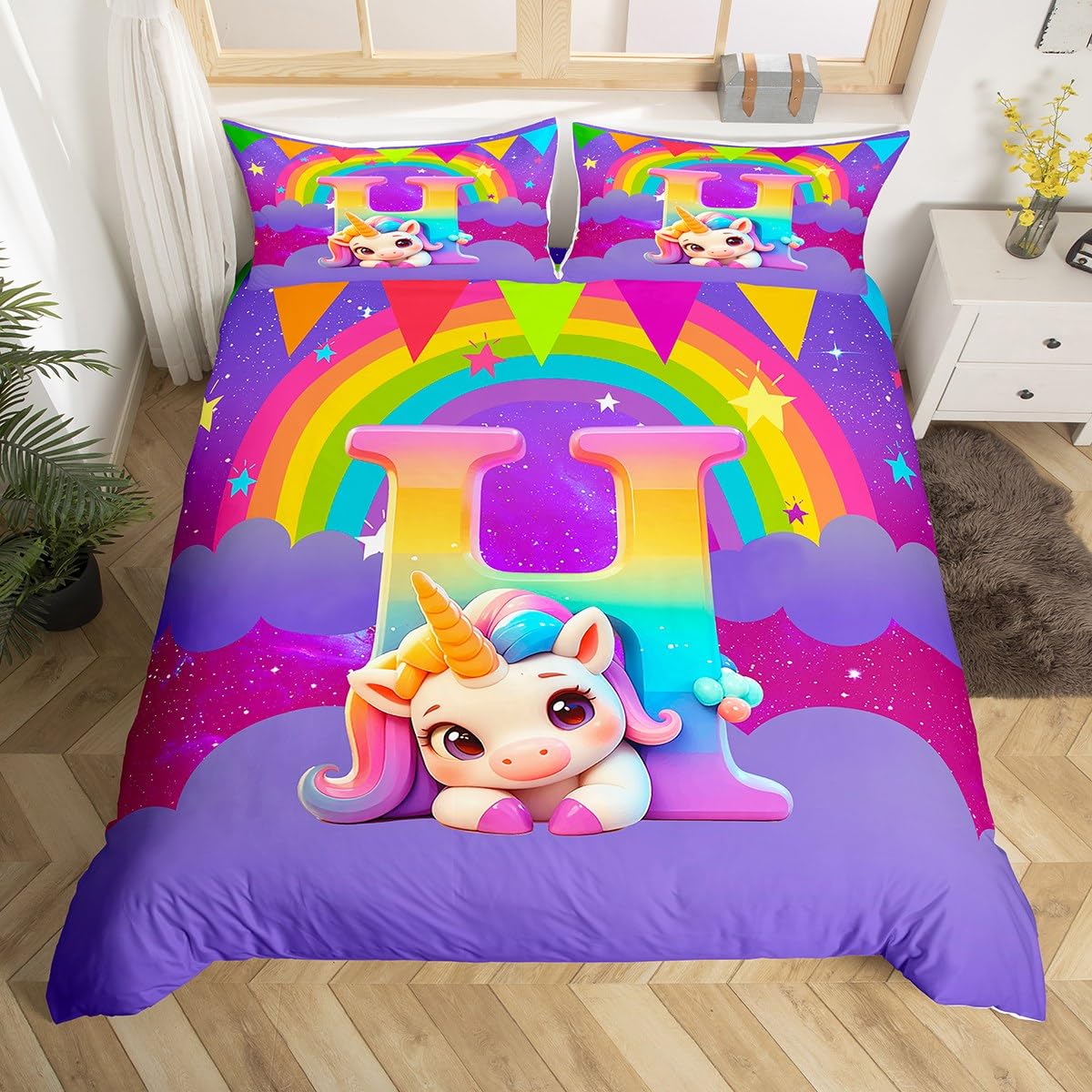 

Comforter Initial Letter K Queen Kawaii Rainbow Unicorn Bedding Set For Boys Girl Monogrammed Comforter Alphabet Bed Set Comforter (quilt)-EU Single(135*200cm)3pcs