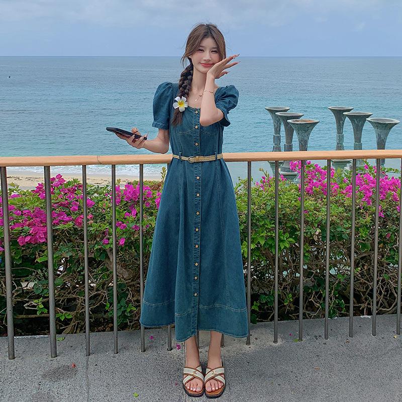 

Милое облегающее джинсовое платье в гонконгском стиле 2024 года с квадратным воротником и рукавами-фонариками XL джинсовый синий