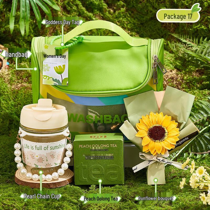 Goddess Day Gift Set - Pearl Chain Cup, Peach Oolong Tea & Flower Bouquet