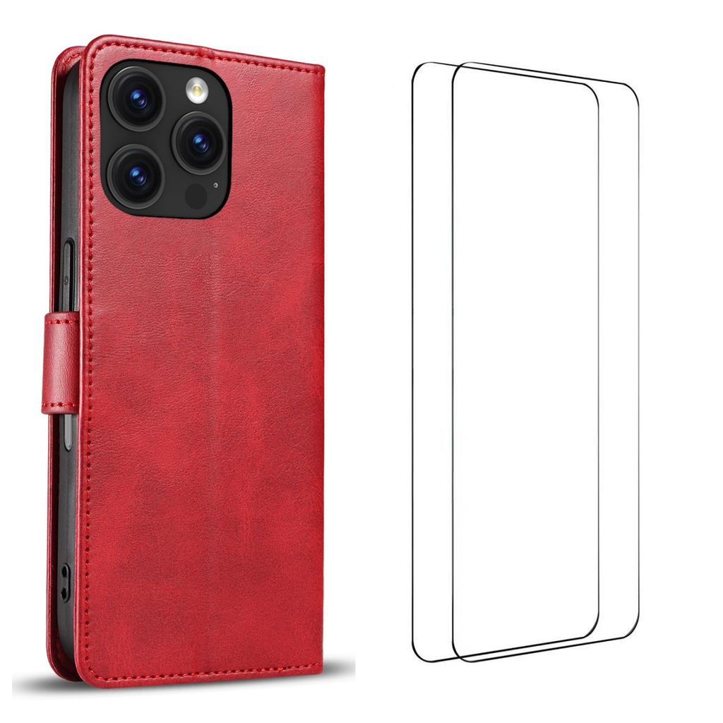 For iPhone 16 Pro Case with 2Pcs Tempered Glass WANLONFENG WN Series Calf Texture Leather Phone Cover Big Cutouts