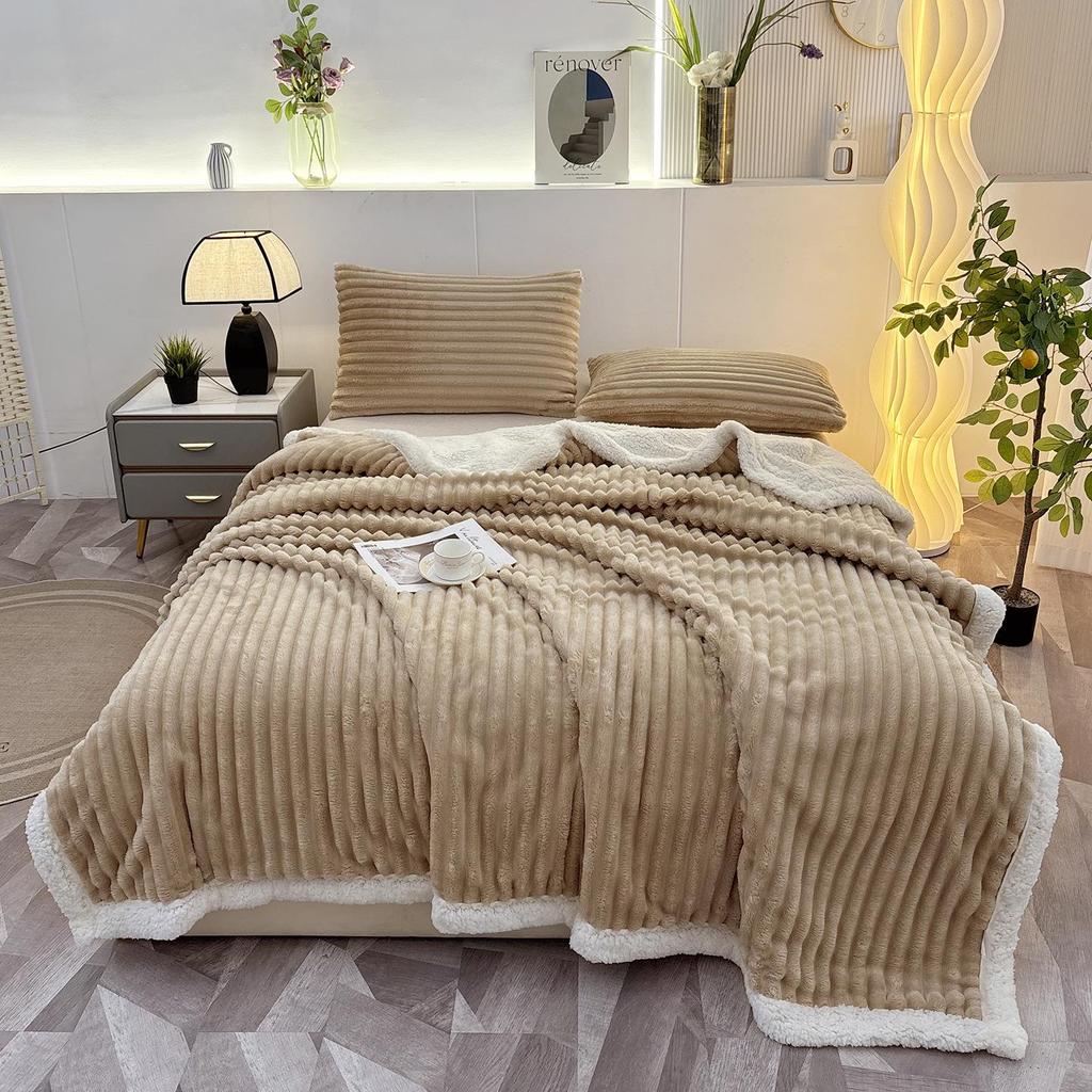 Lambswool & Faux Rabbit Fur Striped Blanket - Sofa Nap & AC Cover
