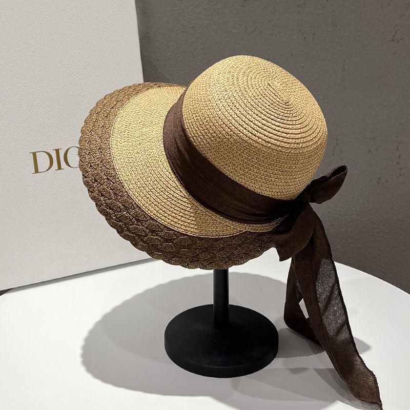 Sun Hat Ribbon Bow Handwoven Grass Hats Foldable Large Brim Fisherman Cap Girls Beach Travel Anti-Uv Visors Ricygvm Women Summer Minimalist