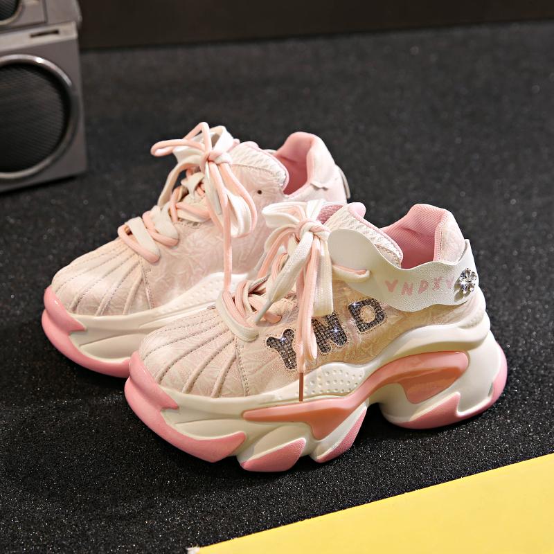 Fashion 8CM Microfiber Leather Bling Sneakers New 2025 Autumn Thick Soled Sports Dad Shoes Diamond Breathable Casual Chunky Shoes