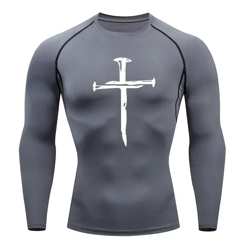 Men's Quick Dry Cross Print Sportswear Running Compression Tee Shirt Athletic Muscle Tshirt Fitness Gym Undershirt Sport Top