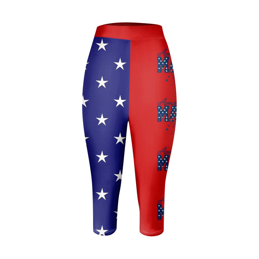 Women's Fashion Casual Outer Bottoming Trousers Independence Day Print Seventh Trousers