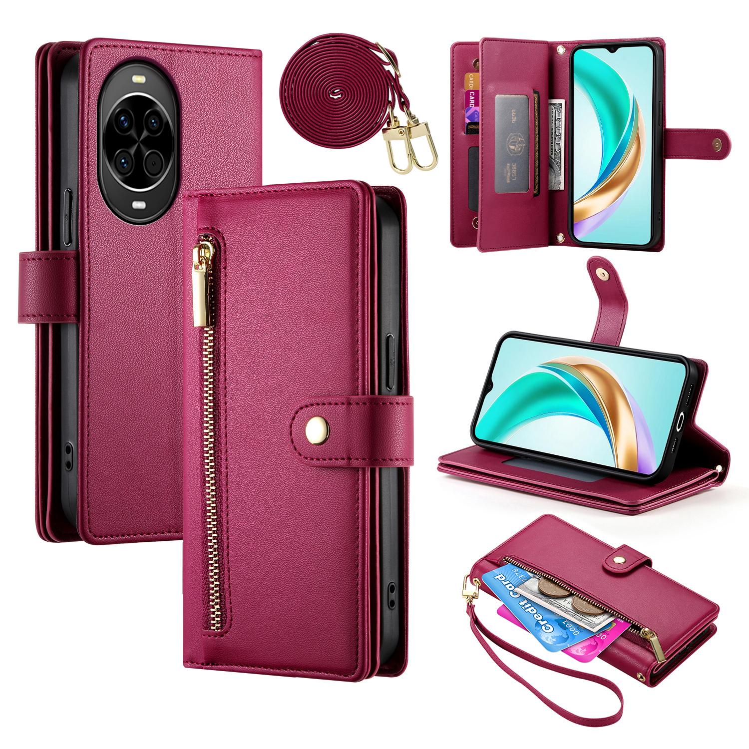 

Для Huawei nova 14 5G Чехол Кошелек с карманом на молнии Кожаный чехол для телефона с ремешками Red