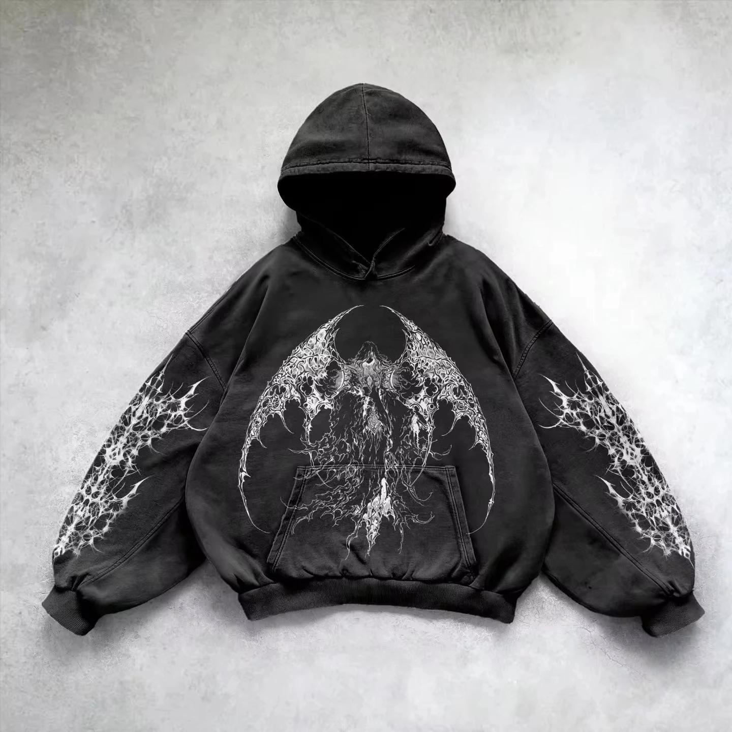 6XL Retro Gothic Böser Engel Print Hip Hop Hoodie für Männer Y2k Punk Lässiger Lockerer Pullover Damen Streetwear Sweatshirt Hoodies M gray