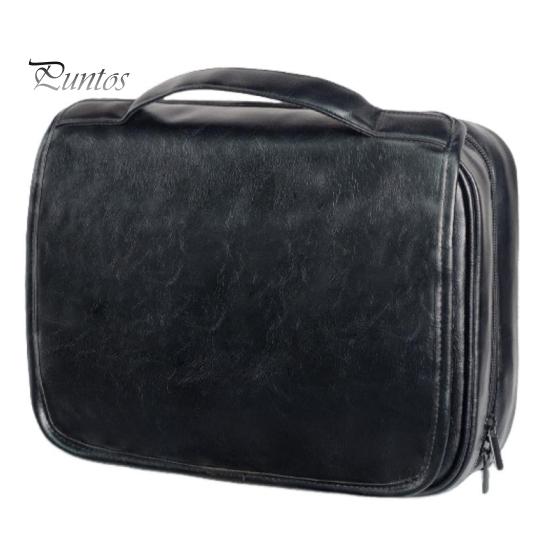 

Косметичка с переносной ручкой и крючком, много отделений, большая вместимость, водонепроницаемый винтажный органайзер для туалетных принадлежностей из искусственной кожи 3 в 1 чёрный