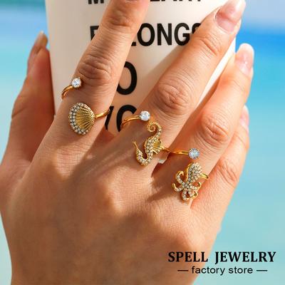 Ocean Theme Rings In Stainless Steel 18k Gold Plated With Shiny Zircon Seahorse Octopus Shell Adjustable Open Ring For Women