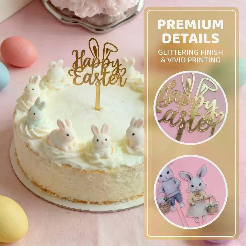 Topper de Pastel de Conejo de Pascua Feliz Coloreado Decoraciones para Postres Acrílico Dorado Toppers de Pastel para Fiesta Infantil Festival Suministros para Hornear de Pascua