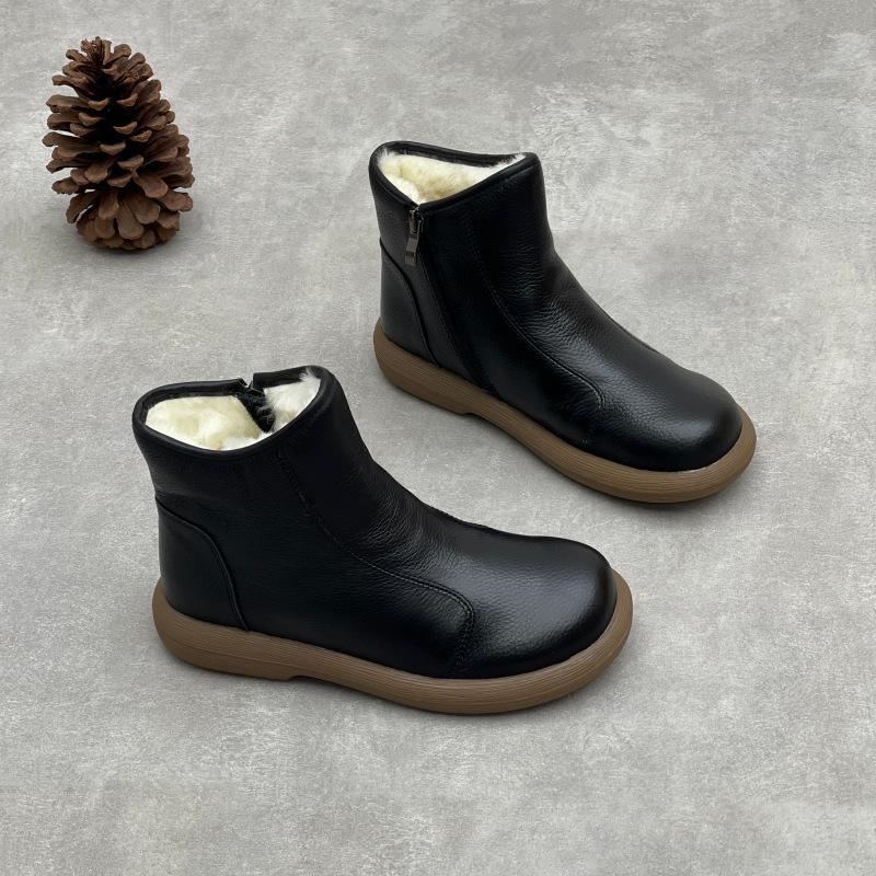 Johnature Genuine Leather Cotton Boots Handmade Retro Flat Round Toe Soft Cowhide Wool Women's Short Boots