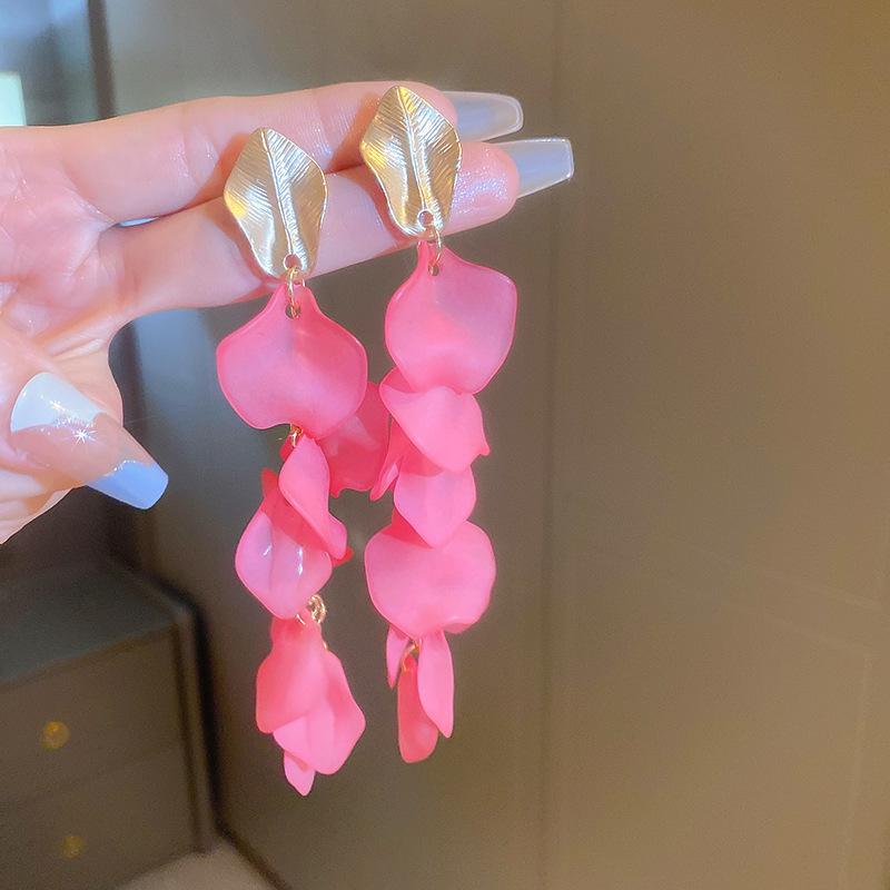 Super fairy pink flower love fringed earrings versatile temperament earrings light luxury earrings women