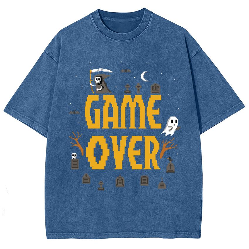 

Летняя трендовая футболка для пары с круглым вырезом и коротким рукавом, принт «GAME OVER», имитация американского ретро-стиля, деним 3XL