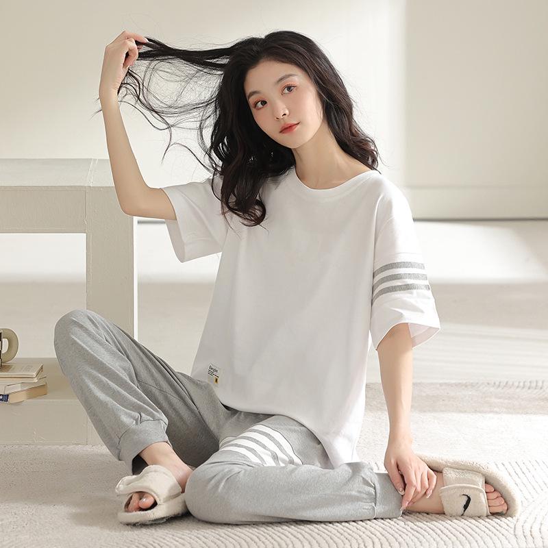 2024 Women's Summer Pajama Set: Pure Cotton, Short Sleeve, Long Pants - Lightweight and Casual for Indoors or Outdoors