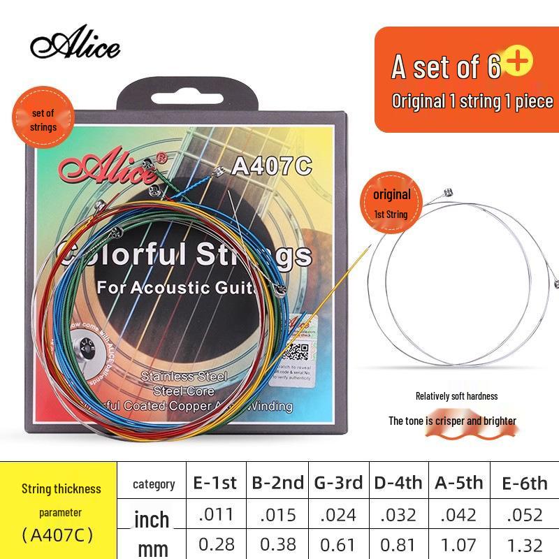 Corde per Chitarra Acustica Alice Folk - Set Completo da 6 (Corde 1ª, 2ª, 3ª come Singole)