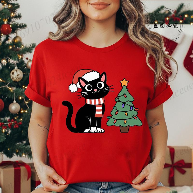 Kitten Xmas Tree Unisexs Casual TShirt Black Cat Christmas Graphic Print TShirts Tops Meowy Xmas Lights Novelty TShirt Tops