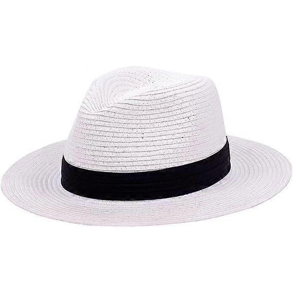 Straw Hat Ladies Summer Beach Sun Hat Wide Brim Fedora, White