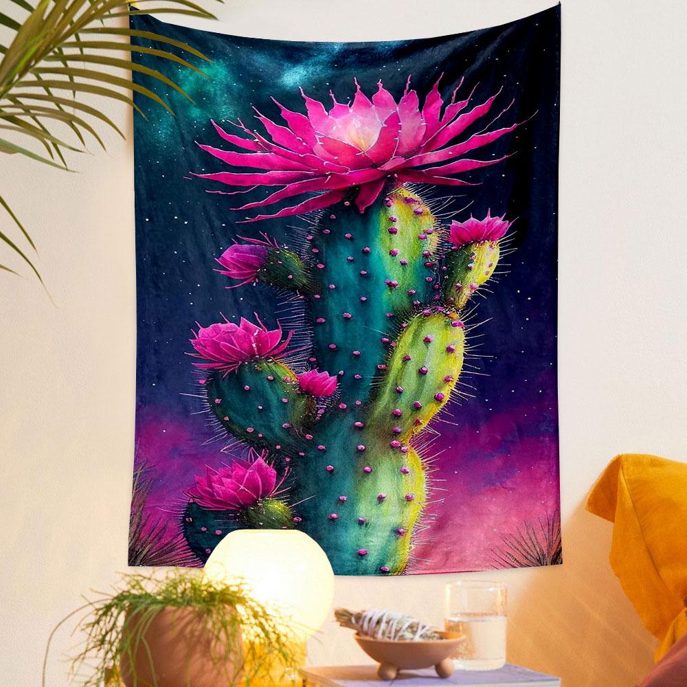 Blooming Cactus Under Starry Sky Patterned tapestry home decor, suitable for bedroom and living room, gift