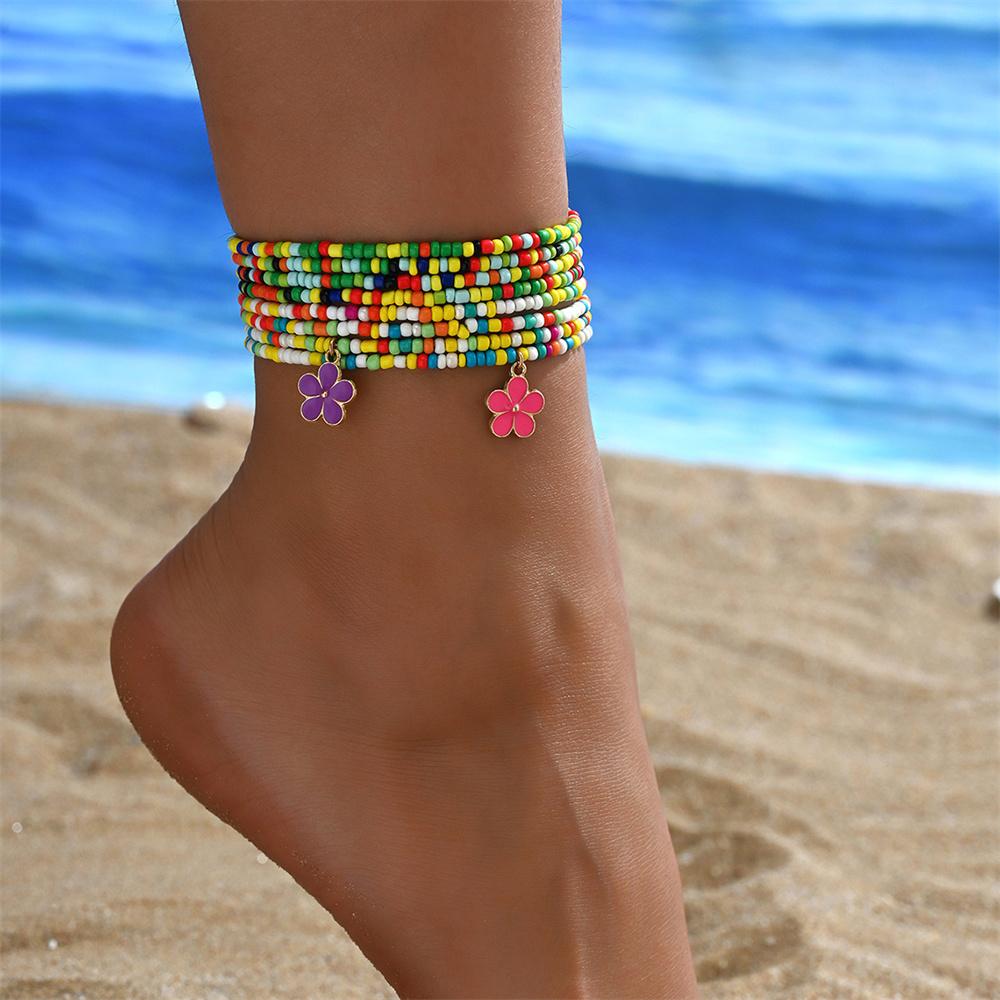 Pink Purple Blue Small Flower Pendant Anklets For Women Rainbow Beads Foot Chain Beach Jewelry Ankle Bracelet Summer Accessories