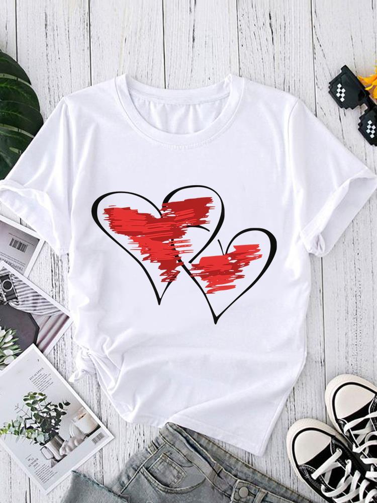 (Asian Size) love heart style Short Sleeve T shirt Printed T-shirts O-neck Casual Clothing Fashion Female Women's Top Graphic Tee