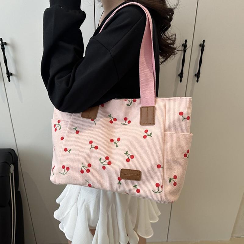 Corduroy Tote Bag Cute Cherry Patched Purse for Women Fabric Large Capacity Tote Purse Shoulder Bag Casual Underarm Bags CLE