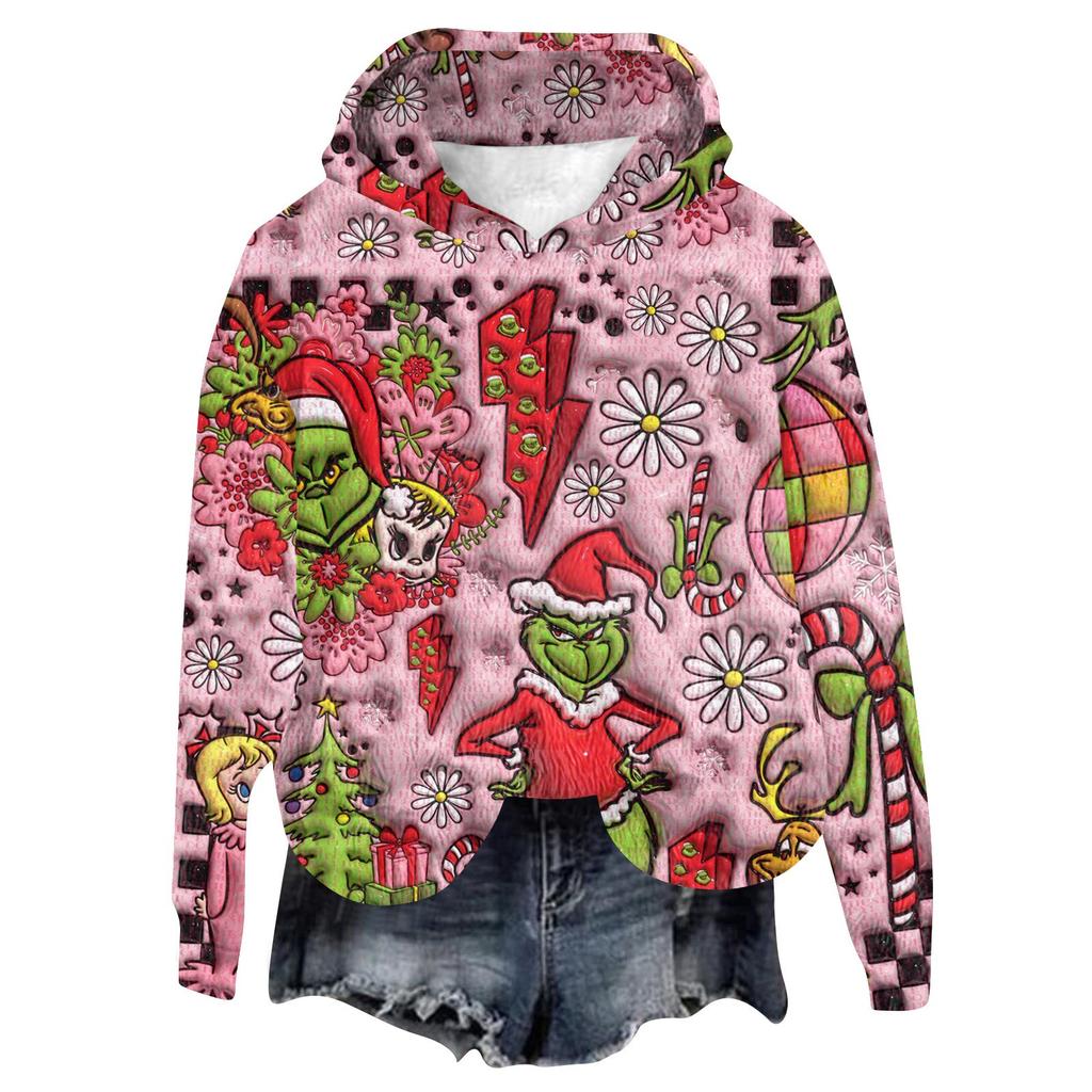 Women's Hooded Long Sleeve Christmas Printed Flannel Top Hooded Sweatshirt
