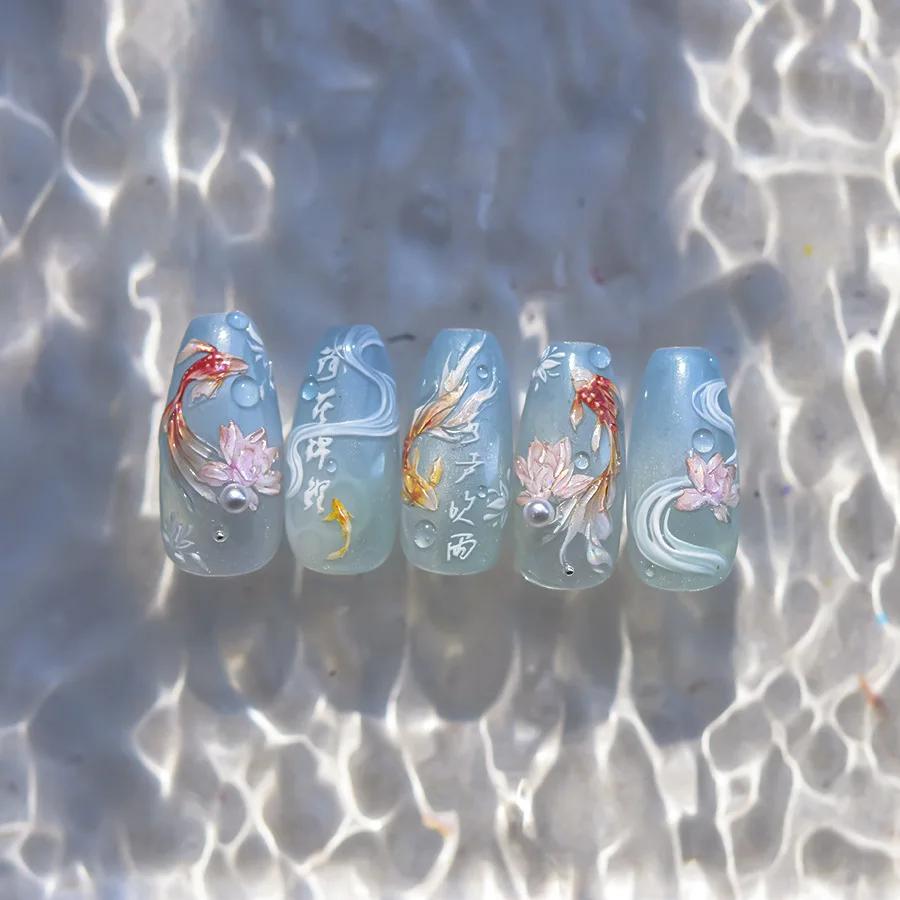 Koi Lotus Flower Goldfish Beach Sea Carp Red Fish Colorful Dolphin Mermaid Soft Relief Nail Art Stickers Manicure Decals