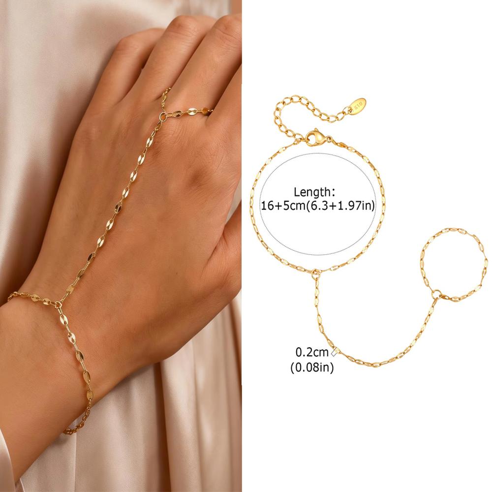 Luxury Minimalist Gold Plated Thin Chain Finger Ring Hand Chain Bracelets for Women, Party Elegant Stainless Steel Jewelry