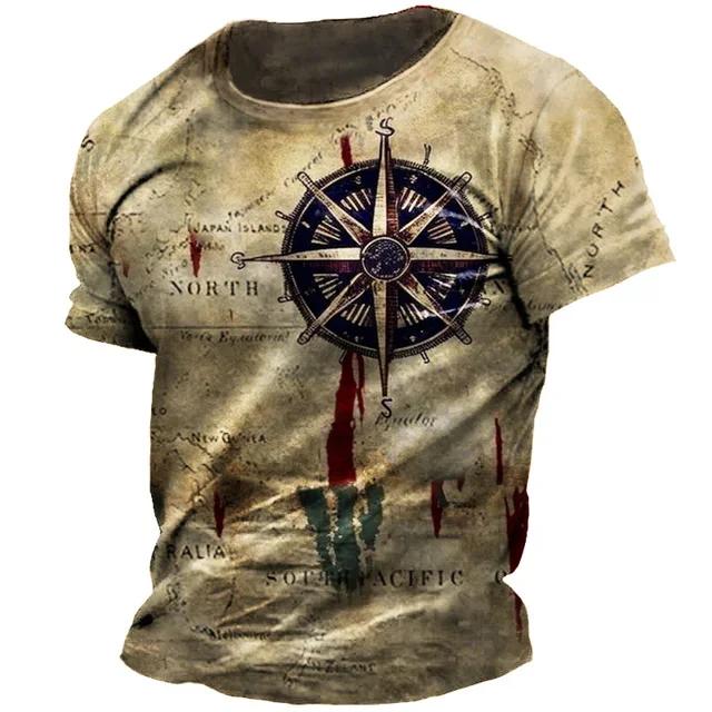 Summer Round Neck Vintage Compass Pattern 3D Print Top Fashionable Casual Short Sleeved Men's T-shirts