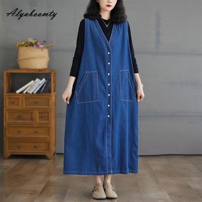Korean Style Spring Autumn Women Midi Shirt Sundress V Neck Casual Loose Blue Denim Tank Dress Sleeveless Plus Size Dress With Pockets