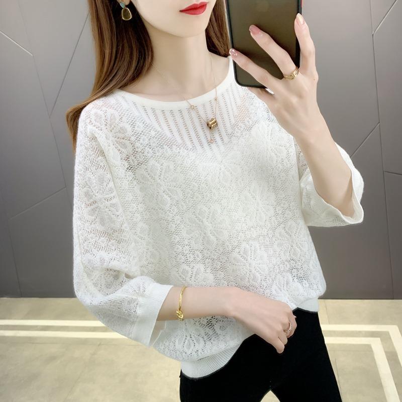 Spring and summer seven-quarter sleeve t-shirt loose hollow blouse thin crew neck fashion versatile women's knitted sweater top